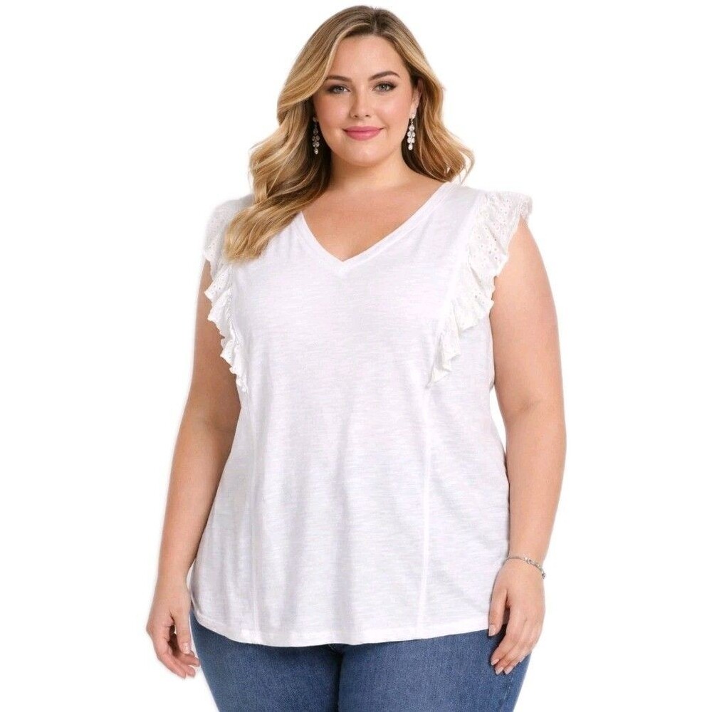 NWT TERRA SKY Womens 16W 18W Eyelet Ruffle Sleeveless V-Neck Slub White Tank Top